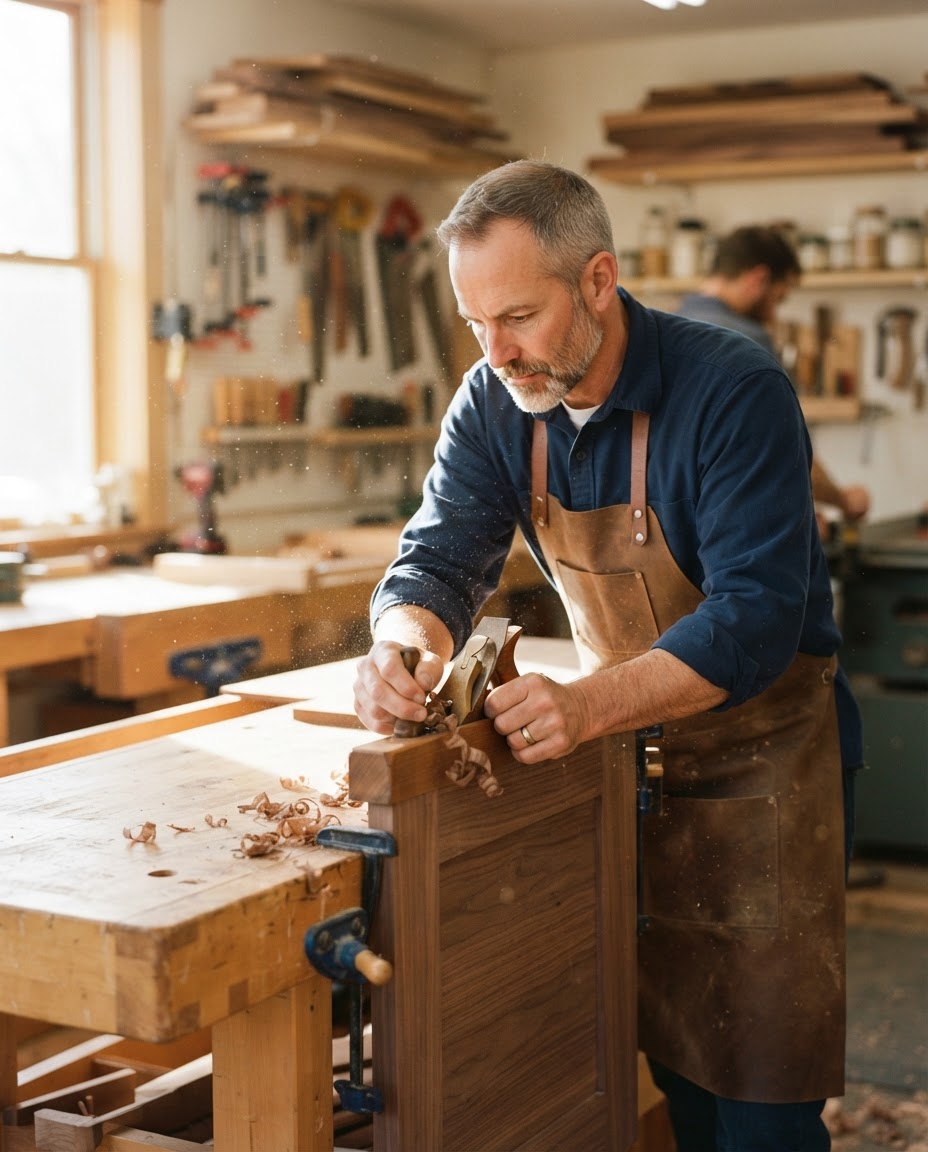 Craftsman hand-planing a cabinet door