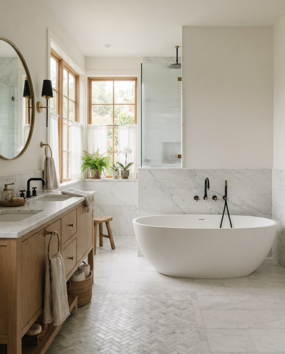 Marble & Oak Primary Bath — Bathroom