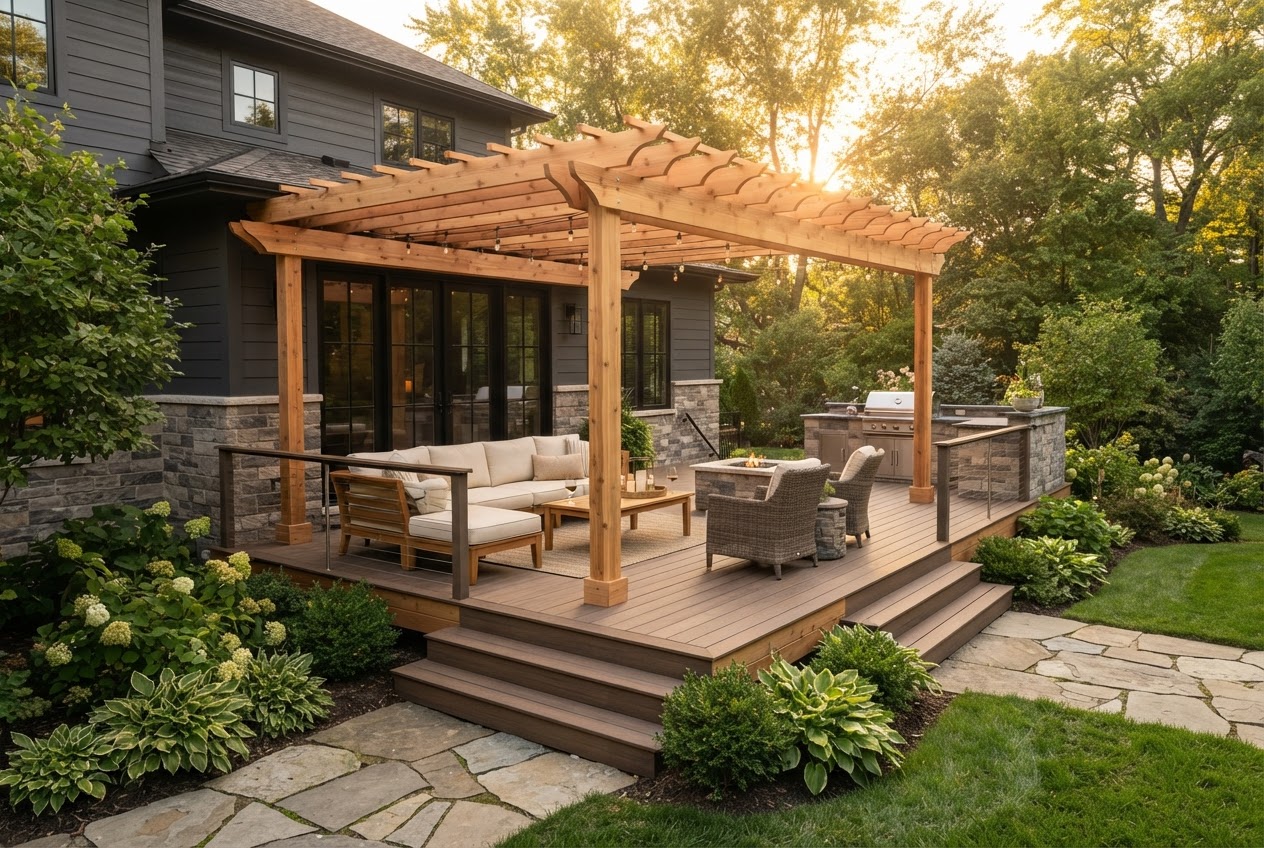 Newly constructed cedar deck with pergola